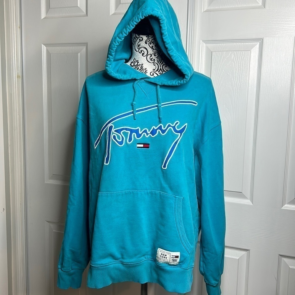 Tommy‎ Jeans Vintage Blue Turquoise Hoodie L 90s